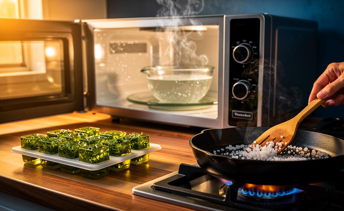 Illustration von drei alltäglichen Küchen-Hacks: Kräuter-Eiswürfeln, Essigdampf-Reinigung und Salztrick für Pfannen