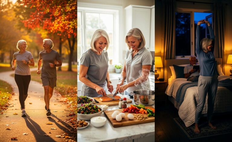 Illustration von drei Alltags-Gewohnheiten für mehr Gesundheit und Fitness ab 60: Bewegung, eiweißreiche Ernährung und erholsamer Schlaf