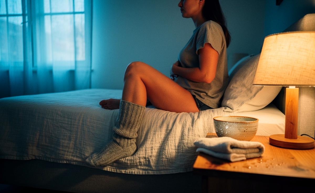 Illustration von drei Alltags-Hacks für besseren Schlaf: Morgenlicht und Kältereiz, 4–7–8‑Atmung und warme Socken im Bett