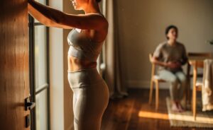 Illustration von einer Person, die in einem Türrahmen eine Dehnung für die Brust- und Schultermuskulatur ausführt, während eine andere Person im Hintergrund eine Atemübung auf einem Stuhl praktiziert.