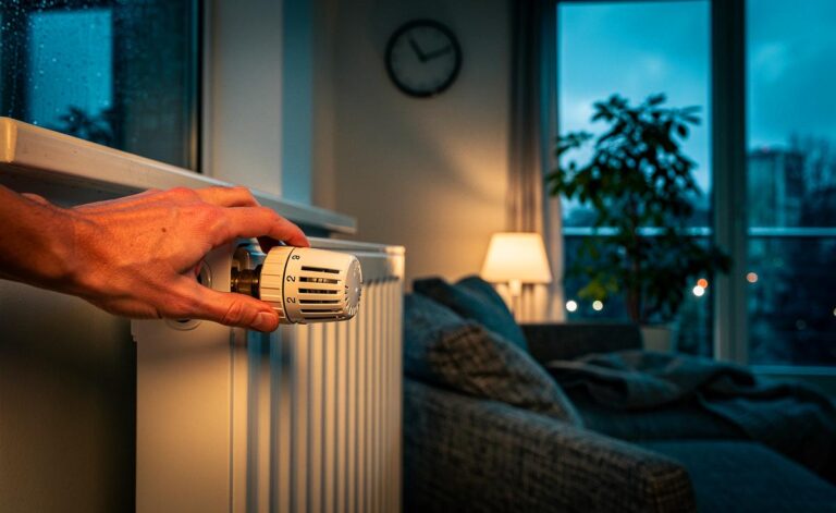 Illustration von einem abendlichen Wohnraum mit Heizkörper und auf Nachtabsenkung ab 19 Uhr gestelltem Thermostat zur Energieeinsparung