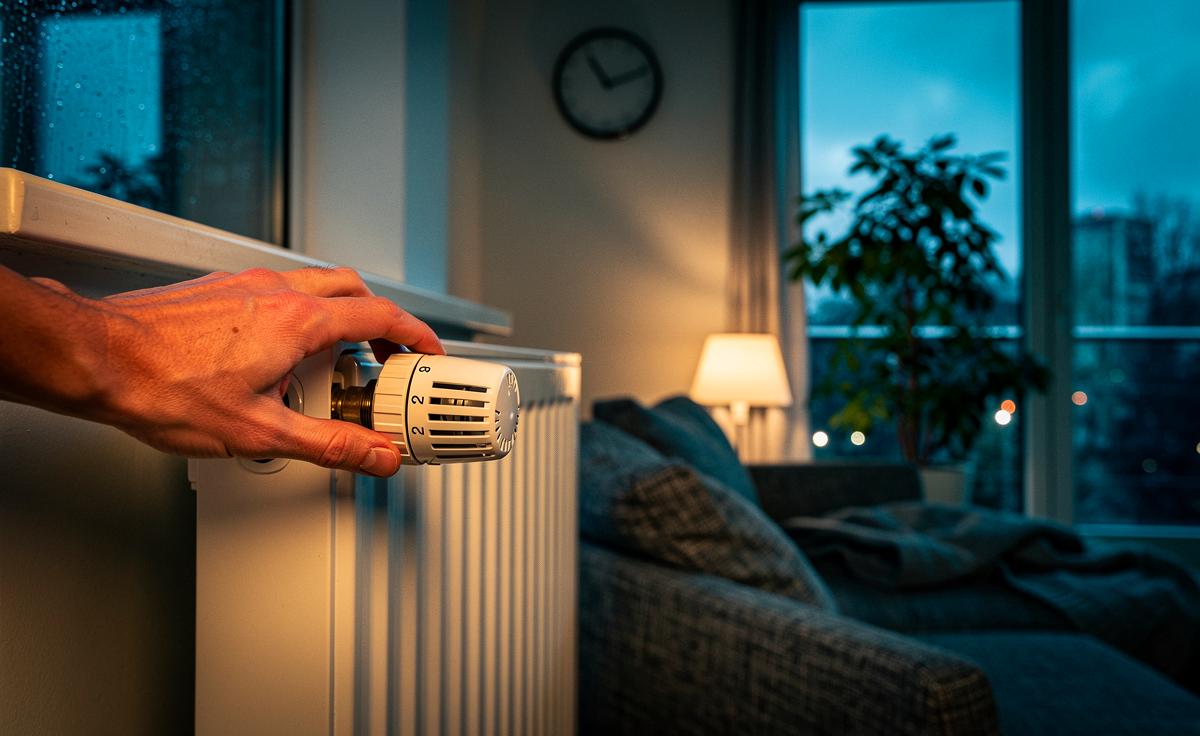 Illustration von einem abendlichen Wohnraum mit Heizkörper und auf Nachtabsenkung ab 19 Uhr gestelltem Thermostat zur Energieeinsparung