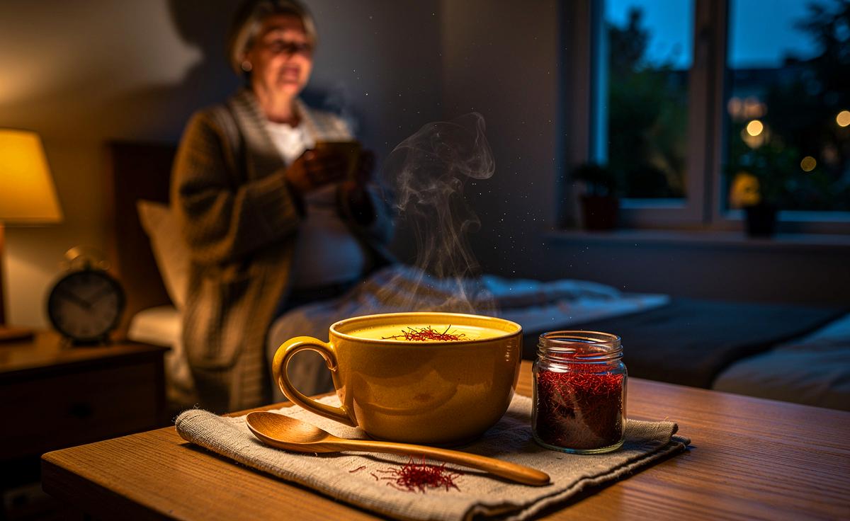 Illustration von Safran als abendlichem Gewürz zur natürlichen Beruhigung und Verbesserung der Schlafqualität bei Menschen ab 51