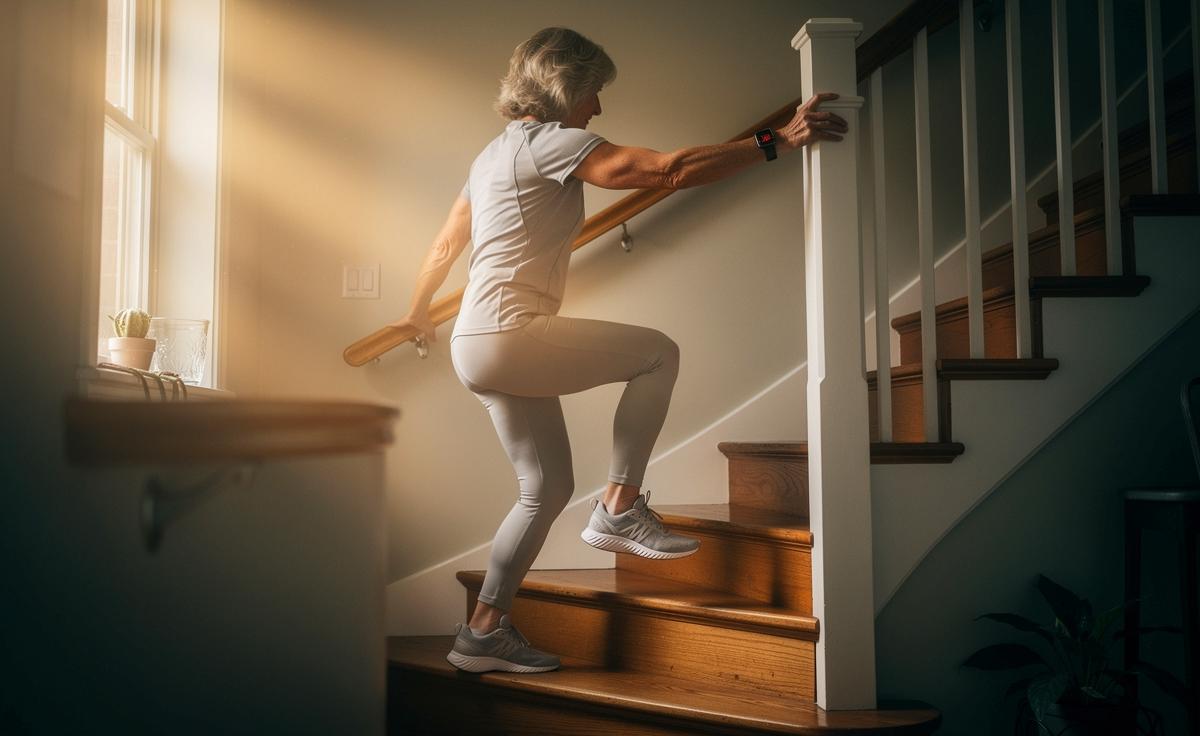 Illustration von einer Person ab 58 beim kurzen, gelenkschonenden Treppensteigen am Handlauf zu Hause zur Verbesserung der Ausdauer