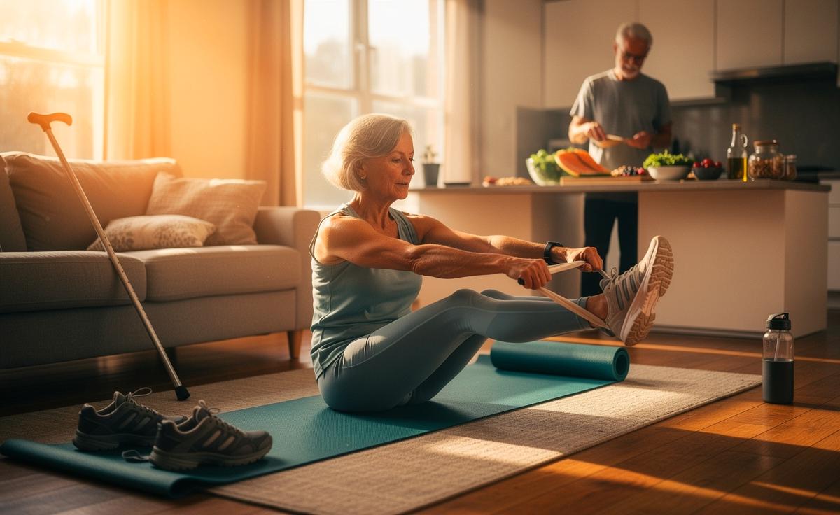 Illustration von Seniorinnen und Senioren ab 70, die mit gelenkschonender Bewegung, ausgewogener Ernährung, Schmerzmanagement und Hilfsmitteln ihre Gelenke pflegen