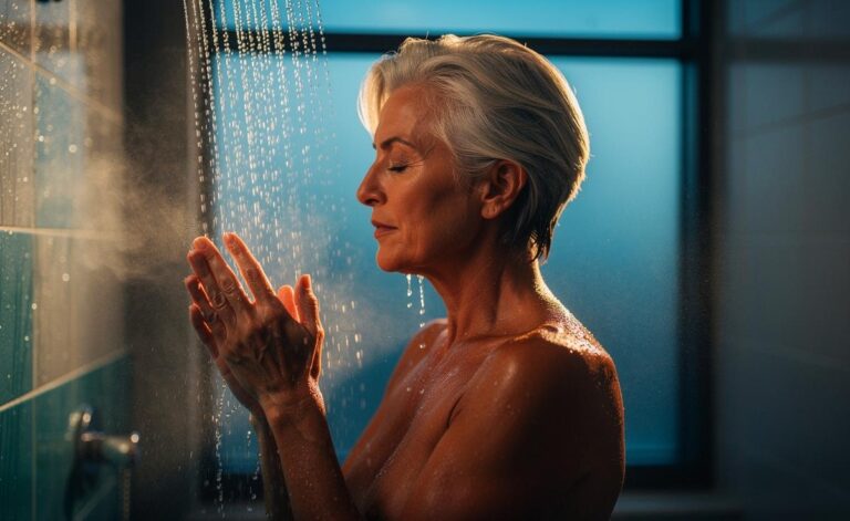 Illustration von [einer Person ab 60 Jahren unter einer kalten Morgendusche zur Förderung der Durchblutung]