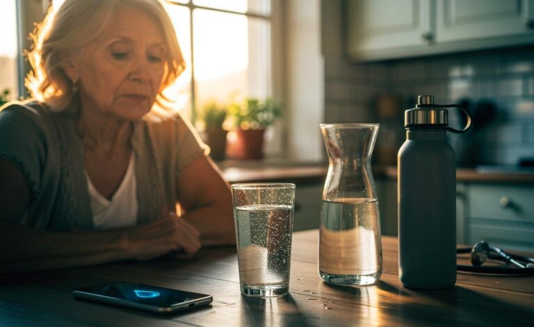 Illustration von Seniorin über 60 mit nachlassendem Durstgefühl, Glas Wasser, Trink-App und Trinkplan zur Vorbeugung von Dehydratation