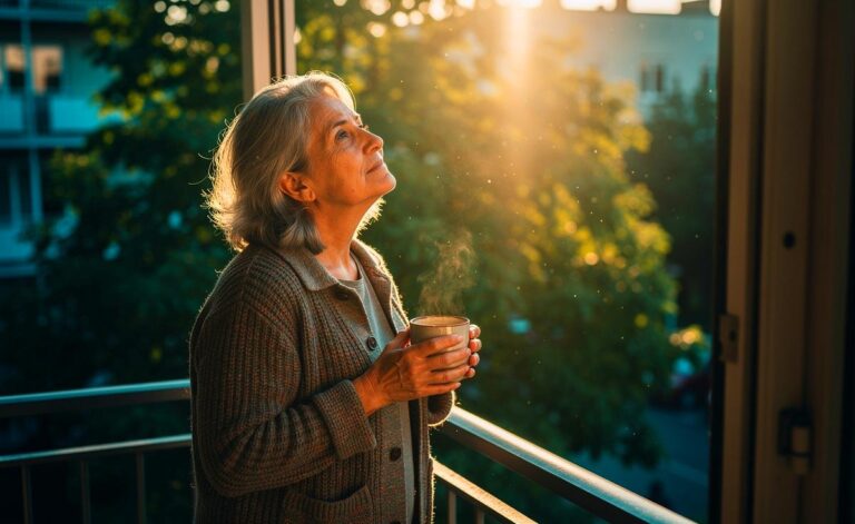 Illustration von einer älteren Person, die morgens draußen Tageslicht aufnimmt, um altersbedingte Müdigkeit zu verringern