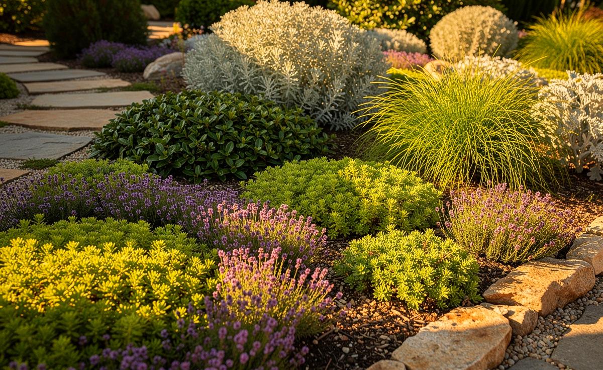 Illustration von dürretoleranten Bodendeckern wie Sedum und Teppich-Thymian, die Unkraut auf sonnig-trockenen Flächen dauerhaft in Schach halten