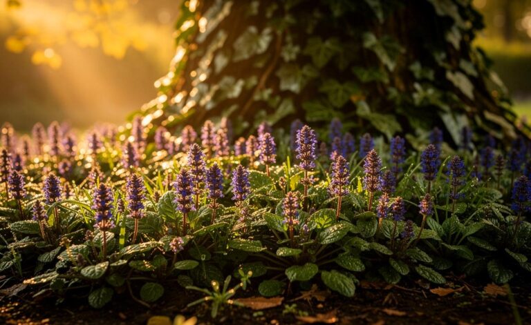 Illustration von Ajuga reptans als lebendem Mulchteppich, der schneller als Efeu Flächen schließt und den Boden vor Austrocknung schützt