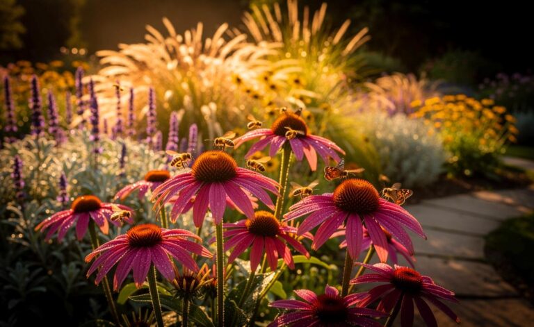 Illustration von Purpur-Sonnenhut (Echinacea purpurea) in voller Sommerblüte von Juni bis September, einer robusten, pflegeleichten Staude im sonnigen, gut drainierten Staudenbeet