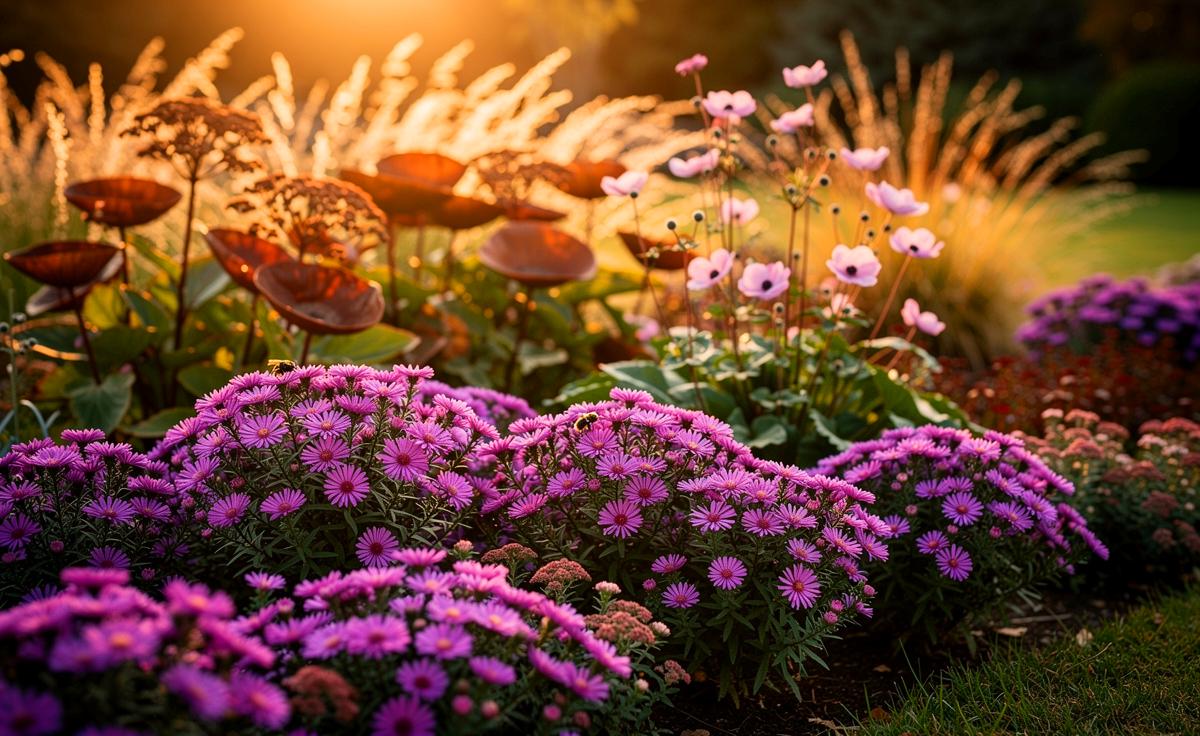 Illustration von Herbstastern als robuste Stauden mit Bodendecker-Effekt, die Unkraut verdrängen und bis in den späten Herbst blühen