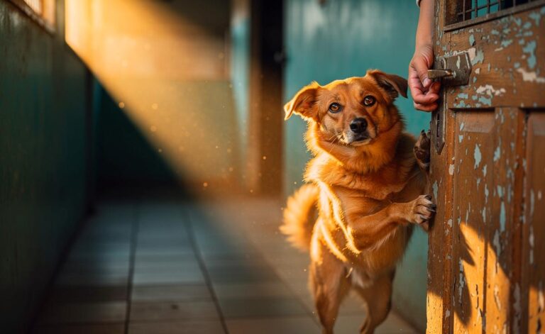 Illustration von [einem Hund namens Mika mit schief gelegtem Kopf und Pfote an einer verschrammten Tür im warmen Abendlicht des Tierheims Bochum]