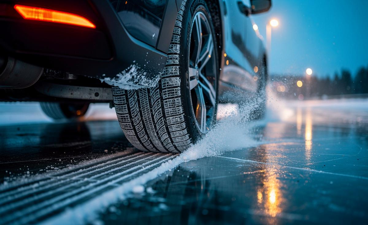 Illustration von kalten Autoreifen auf winterlicher Fahrbahn beim Bremsen mit sichtbarer Bremsstrecke