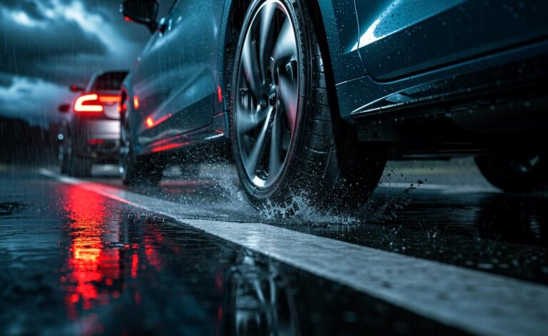 Illustration von einem Auto mit zu hohem Reifenluftdruck und verlängertem Bremsweg bei Regen