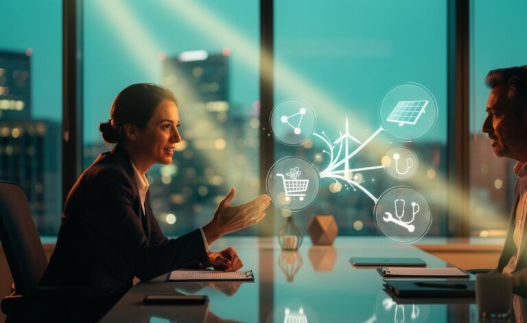 Illustration von einem Berufsberater, der Chancen des Quereinstiegs in neue Berufsfelder erklärt