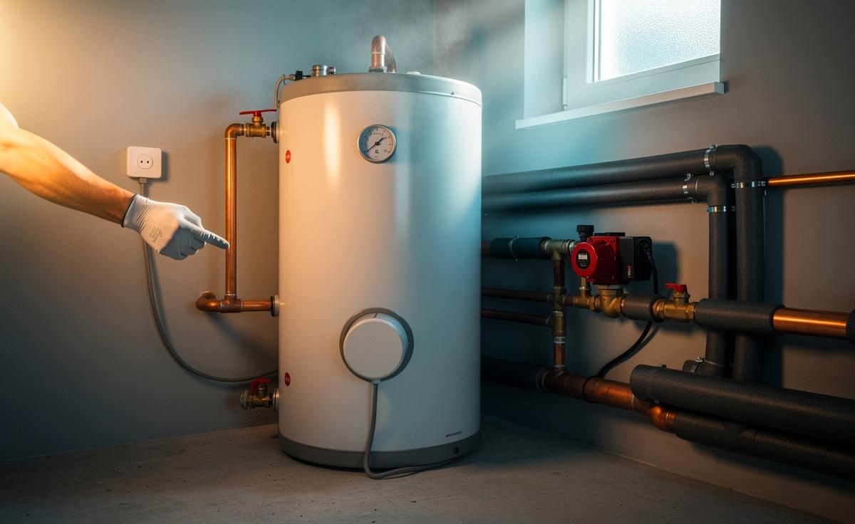 Illustration von einem Warmwasserboiler, der per Zeitschaltuhr einmal im Monat abgeschaltet wird, mit grafischem Hinweis auf Energieeinsparung und 60 °C Hygienetemperatur