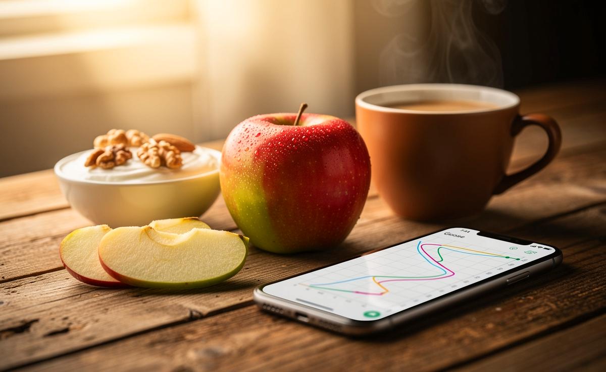 Illustration von einem Apfel mit Schale auf einem Frühstückstisch im Morgenlicht neben einem Smartphone mit Glukosekurve