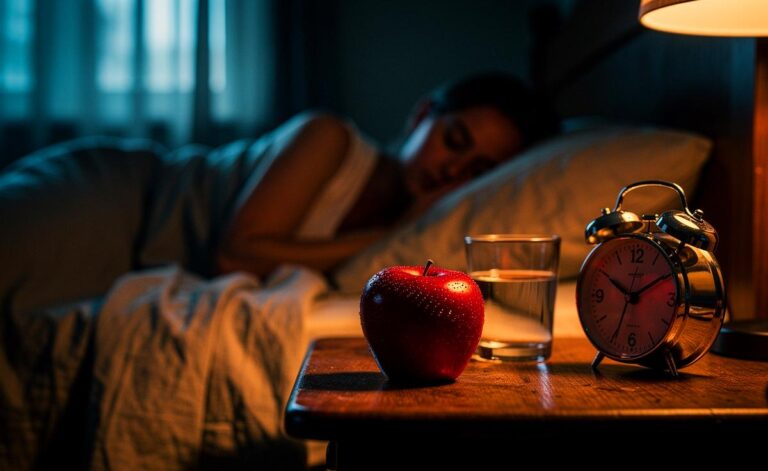 Illustration von einem Apfel auf dem Nachttisch vor dem Schlafengehen als Symbol für verbesserte Nachtruhe