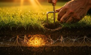 Illustration von einem Gärtner, der mit einer Aerifiziergabel Löcher in einen satten grünen Rasen sticht, während mikroskopisch kleine, nützliche Bakterien und Pilze im Boden aktiv werden und Rasenfilz zersetzen.