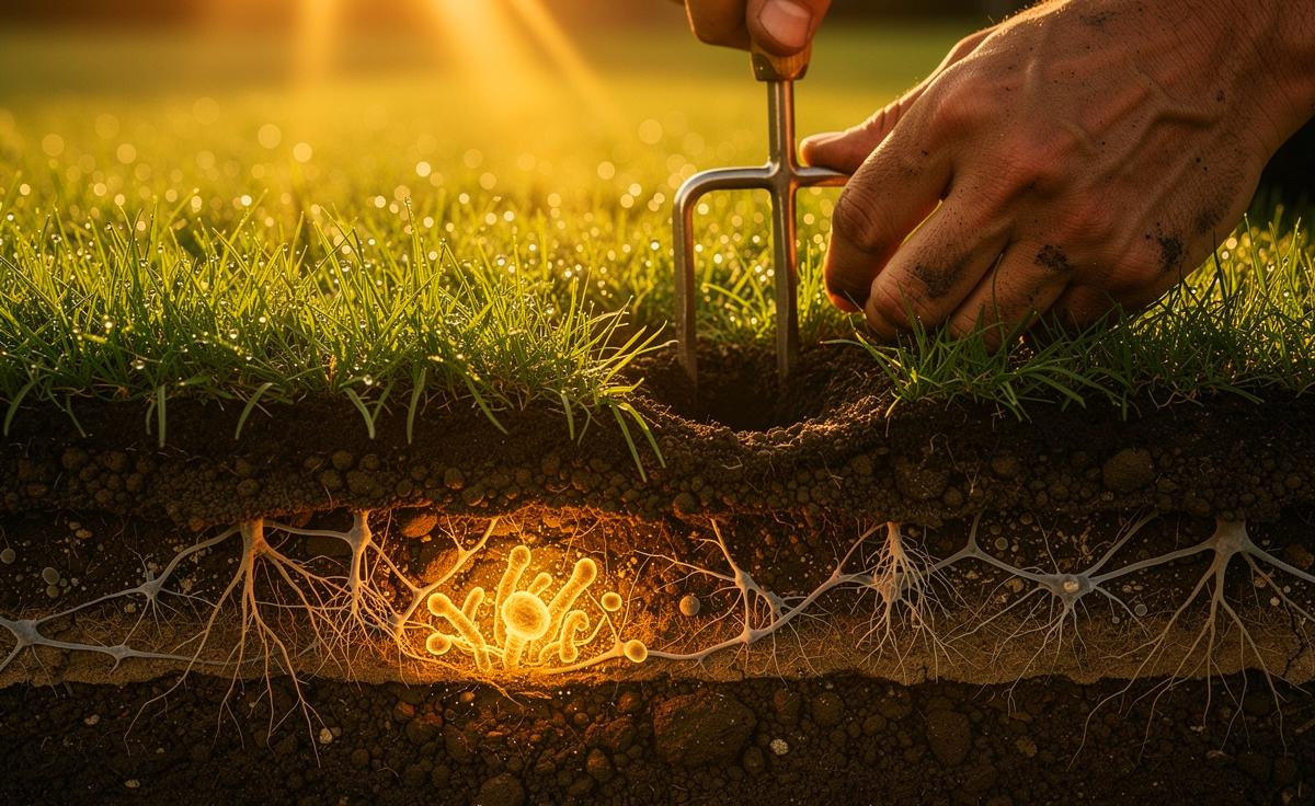 Illustration von einem Gärtner, der mit einer Aerifiziergabel Löcher in einen satten grünen Rasen sticht, während mikroskopisch kleine, nützliche Bakterien und Pilze im Boden aktiv werden und Rasenfilz zersetzen.