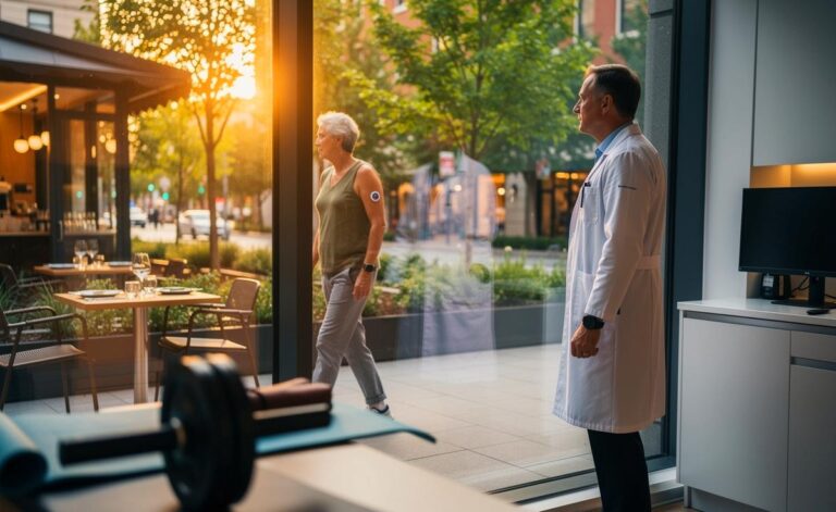 Illustration von einem Hausarzt, der erklärt, warum Spaziergänge nach dem Essen effizienter als Sit-ups sind