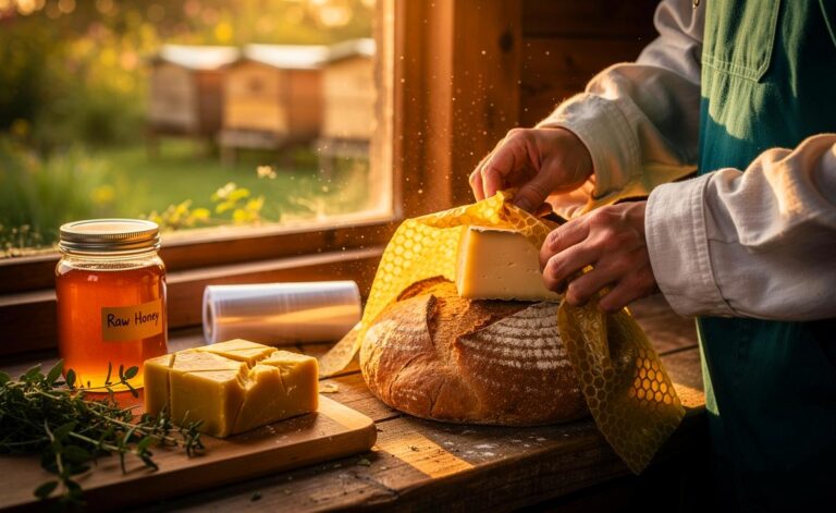 Illustration von Bienenwachstüchern als langlebige, nachhaltige Alternative zur Frischhaltefolie aus Sicht eines Imkers