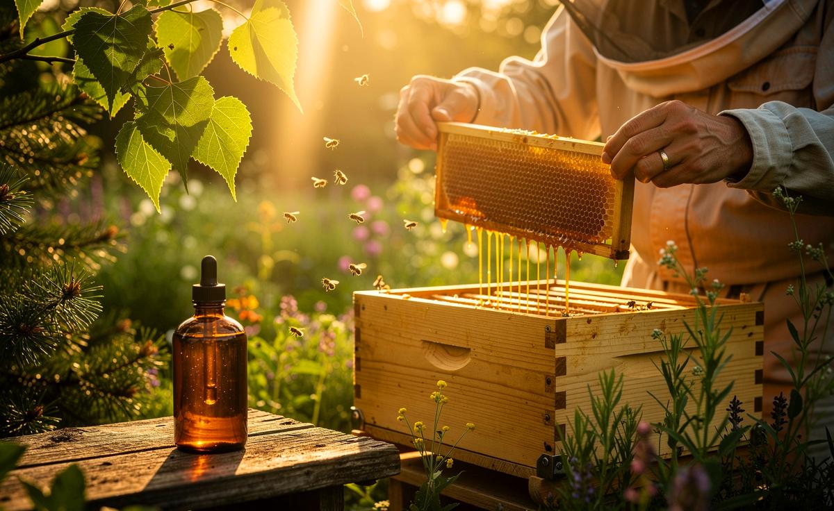 Illustration von einem Imker im heimischen Garten, der an einer Beute mit einer Propolisfalle Propolis erntet, um eine frische Tinktur zur natürlichen Stärkung der Abwehrkräfte herzustellen