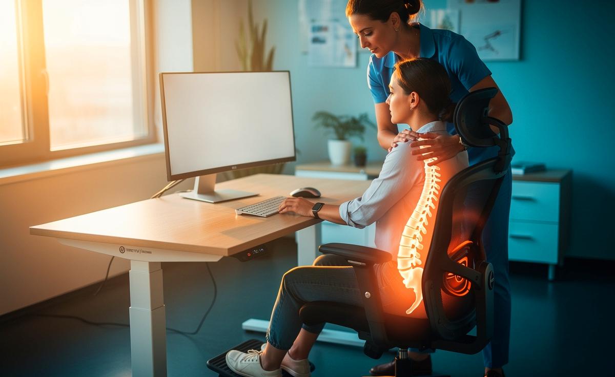 Illustration von einem Physiotherapeuten, der die richtige Sitzposition zur Vorbeugung von Verspannungen im Rücken erklärt