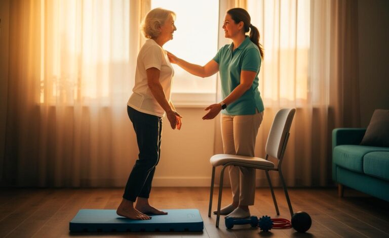 Illustration von einer älteren Person bei Mikrobewegungen im 6‑Minuten‑Reset, unter Anleitung einer Physiotherapeutin, mit Schwerpunkt auf Kraft für Rumpf und Hüfte, Mobilität, Faszien- und Fußtraining zur Schmerzprävention ab 60