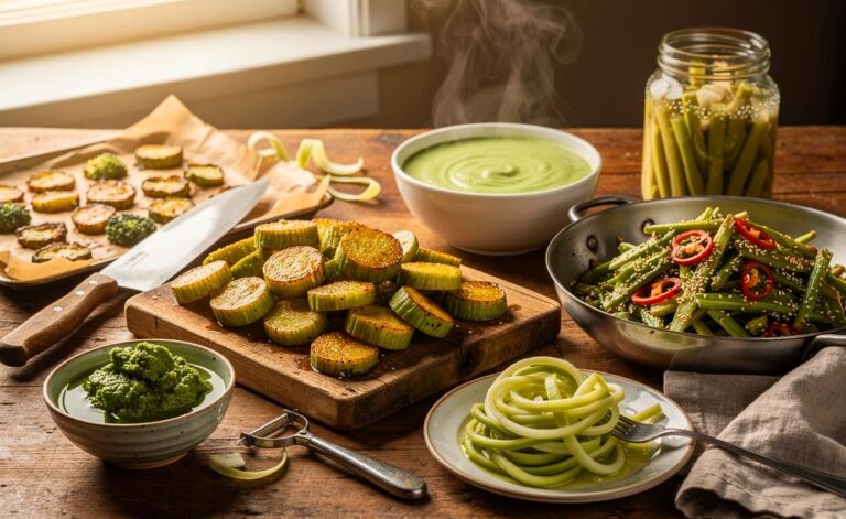Illustration von der restlosen Verwertung des Brokkolistrunks in der Zero-Waste-Küche – Pesto, Suppe, Ofenröstung, Wok und Pickles