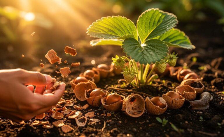 Illustration von Haselnussschalen als Mulch im Gartenbeet, sauber um junge Pflanzen verteilt