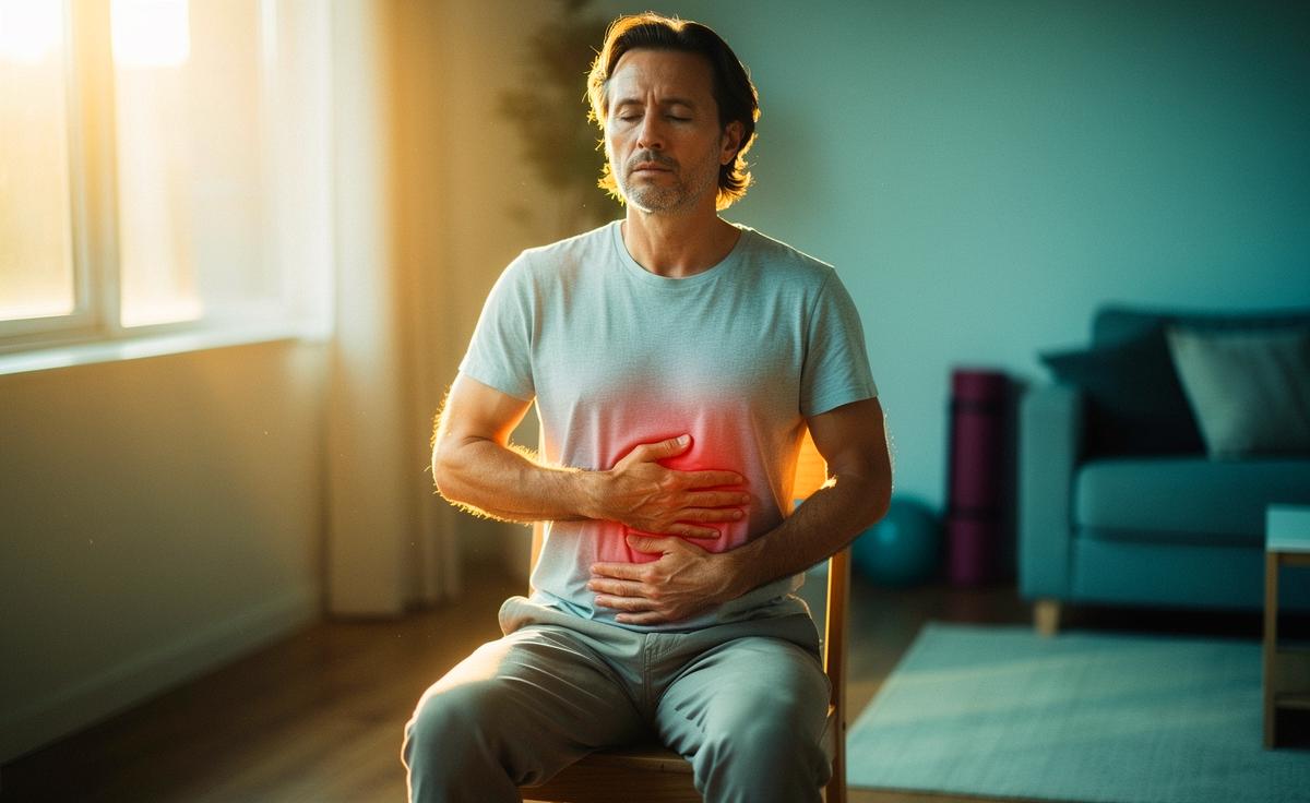 Illustration von einer Person, die die 3D‑Zwerchfellatmung mit sanfter Rumpfspannung zur Linderung von Rückenschmerzen übt, Hände an Rippen und Unterbauch, aufrechter Sitz