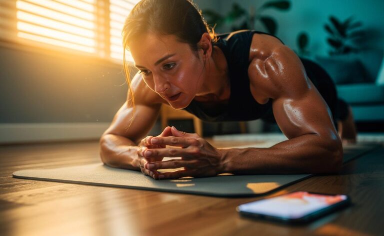 Illustration von [einer Person beim Diamond-Liegestütz im Home-Workout mit Timer – 80‑Sekunden‑Übung für straffere Oberarme ohne Geräte]
