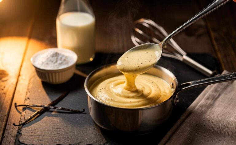 Illustration von [sämige, klümpchenfreie Vanillecreme auf einem Löffel, mit sichtbarem Vanillemark, aus nur drei Zutaten]