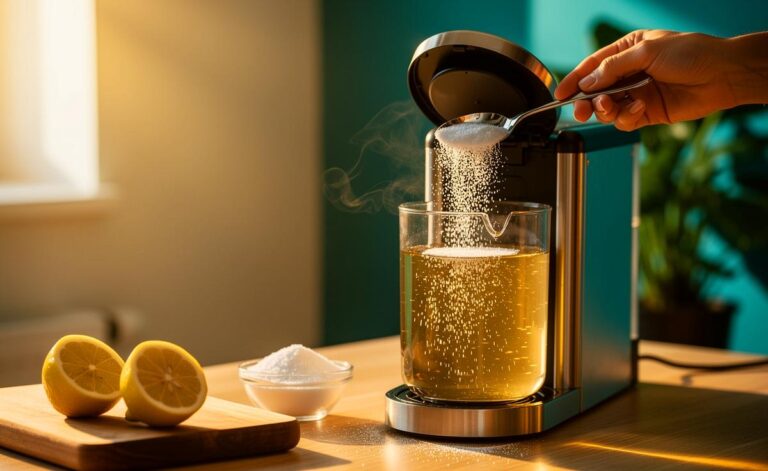 Illustration von der schnellen, chemiefreien Reinigung einer Kaffeemaschine mit einem Löffel Zitronensäure oder Natron