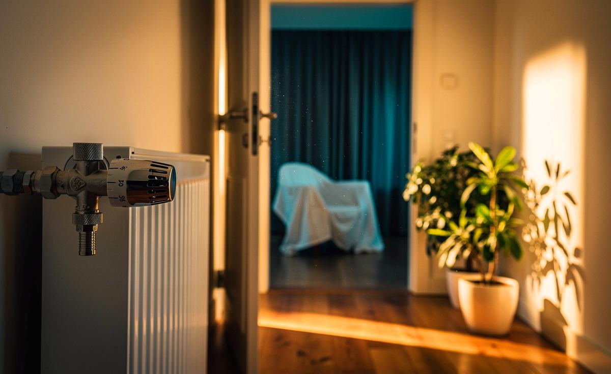 Illustration von einem ungenutzten Zimmer mit heruntergedrehtem Thermostat am Heizkörper zur Senkung der Heizkosten um bis zu 18 %