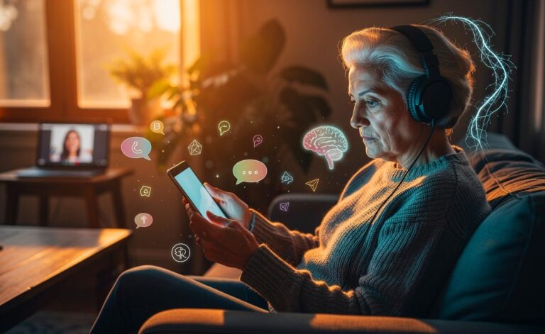 Illustration von einem älteren Erwachsenen beim Sprachenlernen mit einer Sprachlern‑App, flankiert von Symbolen für Neuroplastizität, kognitive Reserve und soziale Interaktion zur Förderung der geistigen Gesundheit