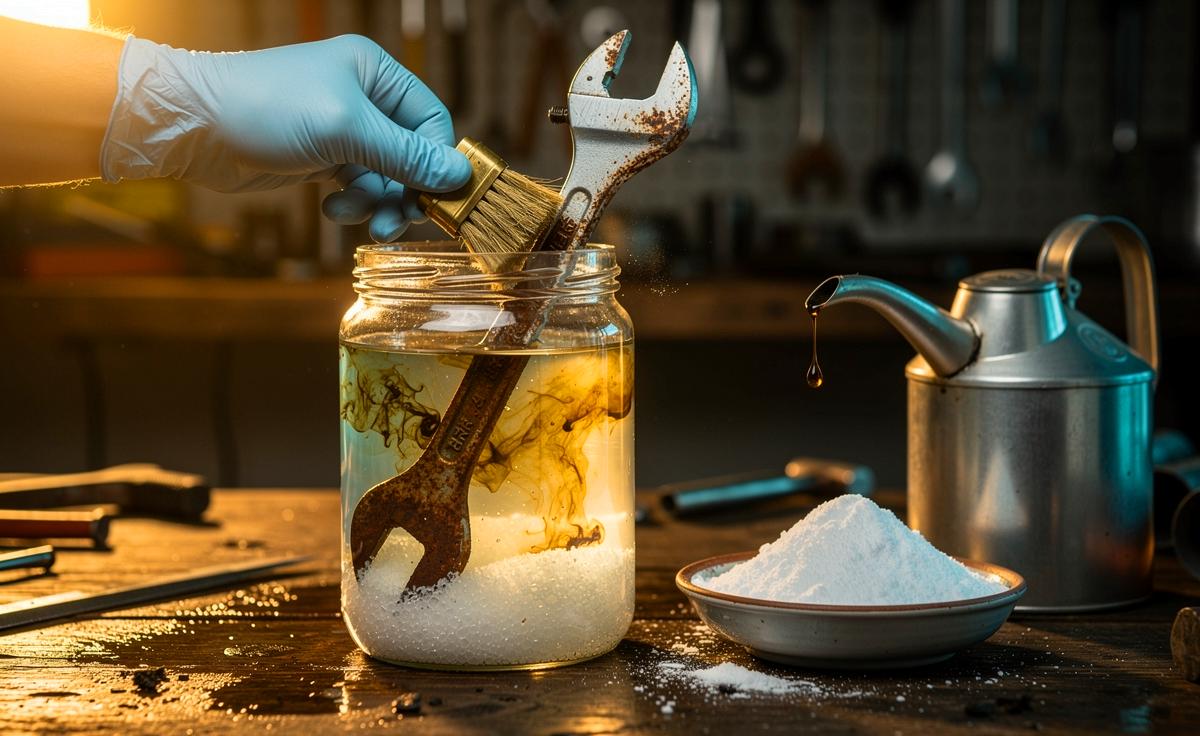 Illustration von chemischer Rostfleckenentfernung an Stahlwerkzeugen mit Salz-Essig-Mix