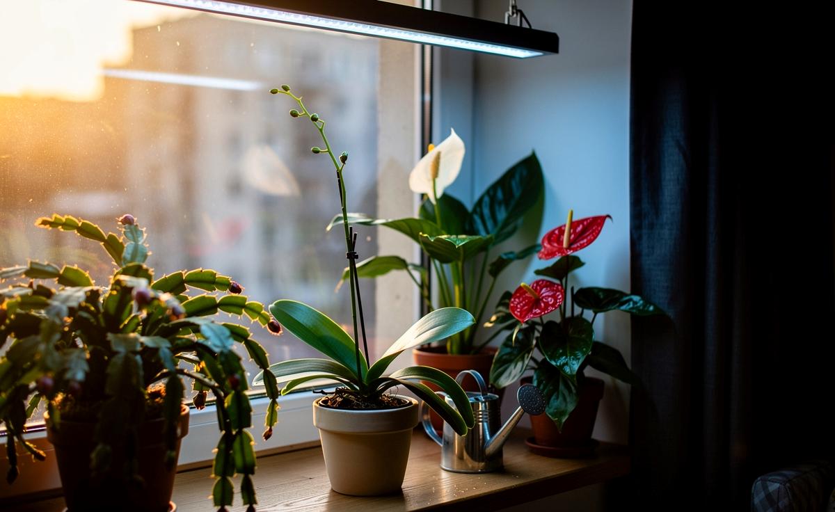 Illustration von Zimmerpflanzen ohne Blüten auf der Fensterbank, mit einfachem Blühimpuls aus Licht, Gießrhythmus und kühleren Nächten als Lösung