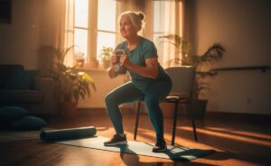 Illustration von einer älteren Person, die Kniebeugen ausführt, um die Knochendichte zu steigern und Stürze zu verhindern