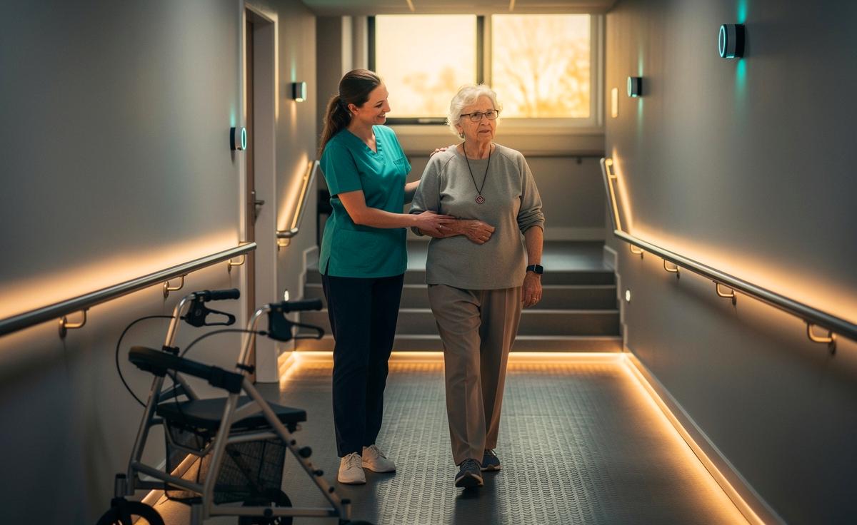 Illustration von ganzheitlicher Mobilitätssicherheit für Senioren mit Wohnraumanpassung, Gang- und Gleichgewichtstraining sowie digitalen Notruf- und Sturzerkennungssystemen statt einfacher Gehhilfen