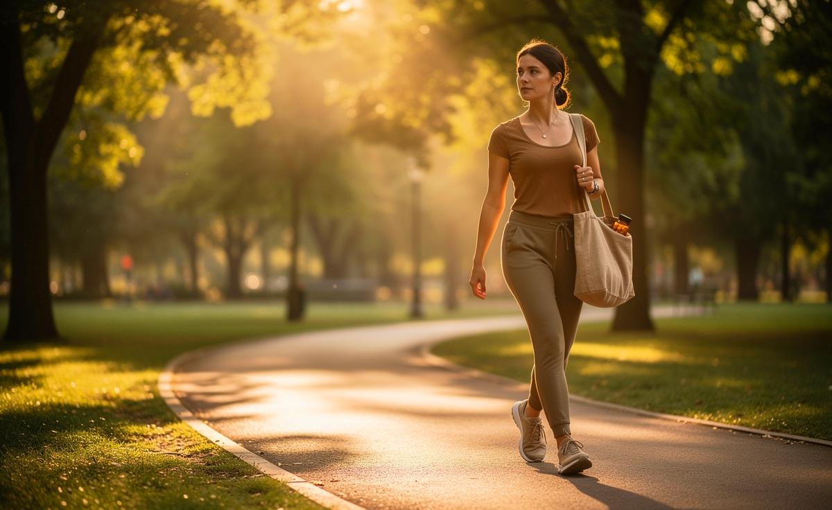Illustration von einer Person auf einem 10‑Minuten‑Spaziergang im Stadtpark bei Tageslicht als beruhigende Alternative zu Beruhigungsmitteln bei leichter Unruhe