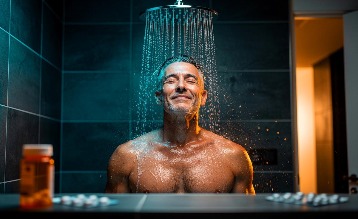 Illustration von einer kalten Dusche als von Psychologen empfohlene, stressreduzierende Alternative zu Beruhigungsmitteln