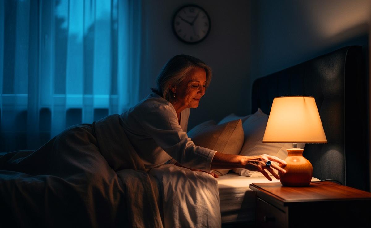 Illustration von einer Person ab 55, die vor 23 Uhr in einem dunklen, ruhigen Schlafzimmer ins Bett geht, um Tiefschlaf und Erholung durch den zirkadianen Rhythmus zu fördern.