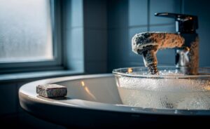 Illustration von Spülmaschinen-Tabs, die neben verkalkten Armaturen, einem Duschkopf und einer Sprühflasche auf einem Badezimmerwaschbecken liegen.