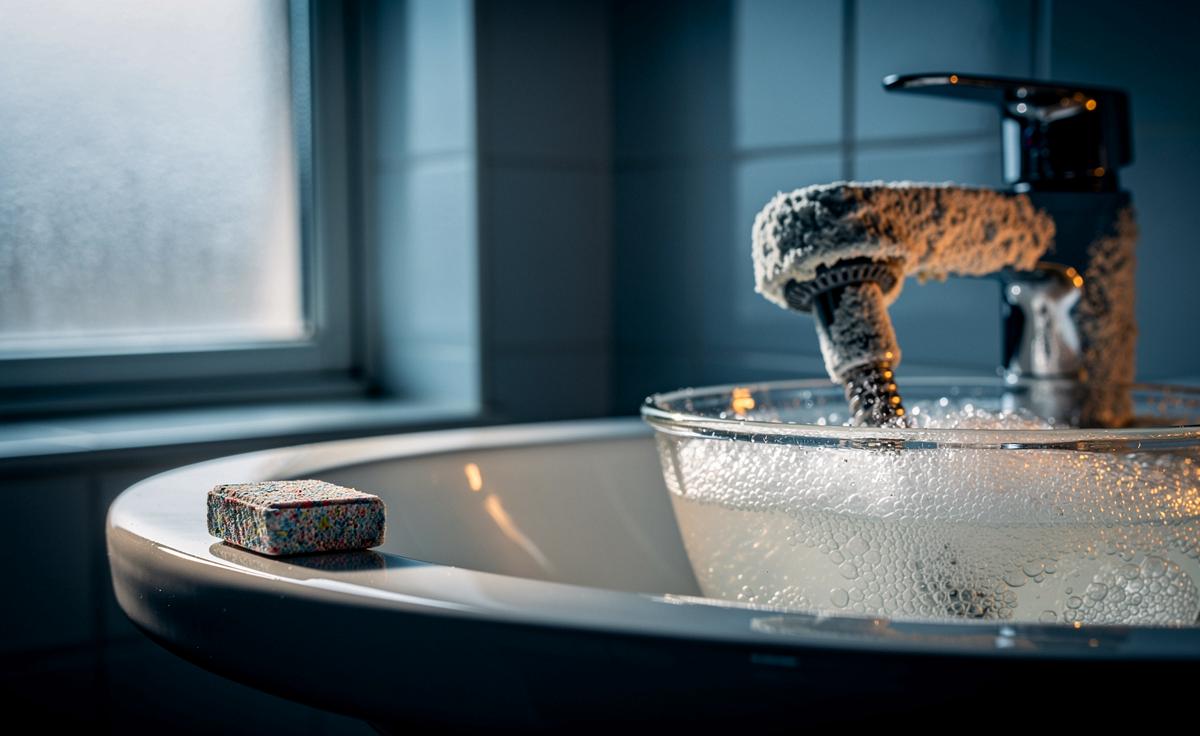 Illustration von Spülmaschinen-Tabs, die neben verkalkten Armaturen, einem Duschkopf und einer Sprühflasche auf einem Badezimmerwaschbecken liegen.