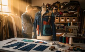 Illustration von Upcycling in der Modebranche mit Designerin, die Second-Hand-Textilien und Deadstock-Materialien in einer lokalen Werkstatt zu neuen Kleidungsstücken verarbeitet