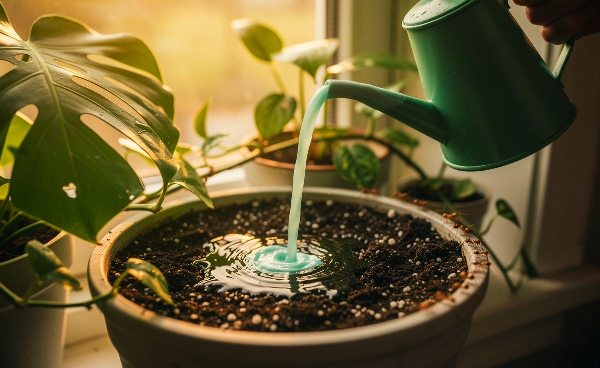 Illustration von Zahnpasta im Gießwasser beim Gießen von Zimmerpflanzen mit verblüffendem Benetzungseffekt
