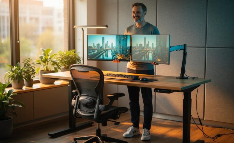 Illustration von einem ergonomisch eingerichteten Bildschirmarbeitsplatz mit höhenverstellbarem Schreibtisch, ergonomischem Bürostuhl und Monitorarm zur Steigerung von Arbeitsleistung und Wohlbefinden